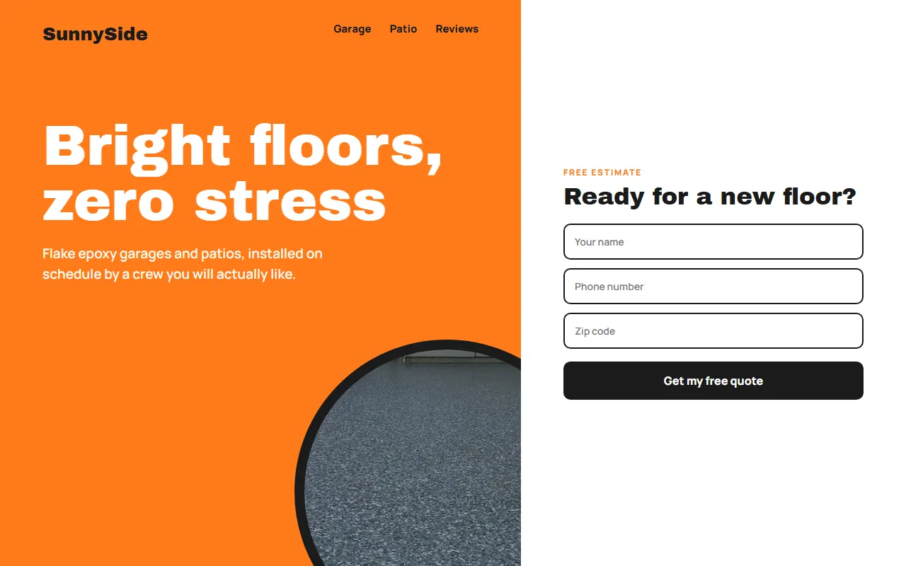 Sample website design for SunnySide Coatings: Flake epoxy: bold colour blocks